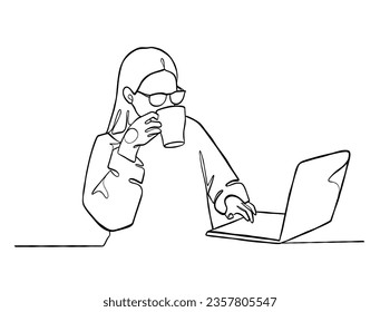 Continuous one line drawing of a woman holding a cup of coffee. Vector illustration.