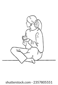 Continuous one line drawing of a woman holding a cup of coffee. Vector illustration.