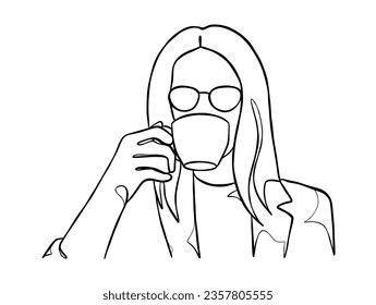 Continuous one line drawing of a woman holding a cup of coffee. Vector illustration.