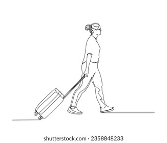 Continuous one line drawing of woman traveller walking with suitecase. Traveller with travel bag outline vector illustration.  Editable stroke.