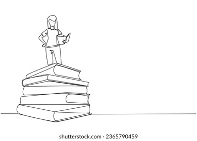 Continuous one line drawing woman standing on pile of books reading fiction story book. Intrigued by book series. Read anywhere to finish reading. Reading. Single line draw design vector illustration