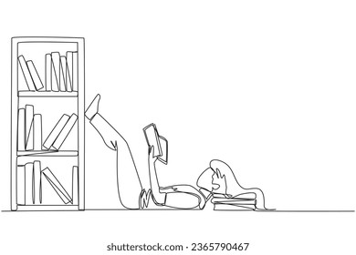 Continuous one line drawing woman lying on back reading fiction story book near bookcase. Read slowly to enjoy storyline. Hobby reading. Very good habit. Single line draw design vector illustration