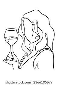 Continuous one line drawing of a woman holding a glass of wine. Vector illustration.