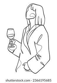 Continuous one line drawing of a woman holding a glass of wine. Vector illustration.