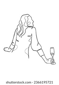 Continuous one line drawing of a woman holding a glass of wine. Vector illustration.