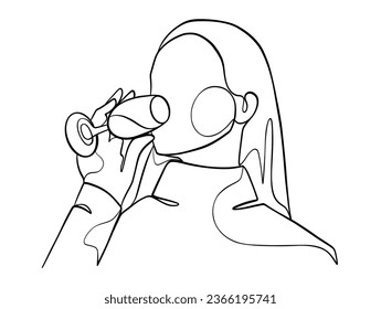 Continuous one line drawing of a woman holding a glass of wine. Vector illustration.