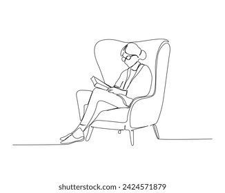 Dibujo continuo de una línea de libro de lectura de la mujer en el sillón. Libro de lectura de la abuela en la silla ilustración vectorial de contorno único. Trazo editable.