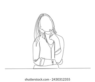 Continuous one line drawing of woman thinking with put her finger in the chin. Woman pose thinking single outline vector illustration. Editable stroke.