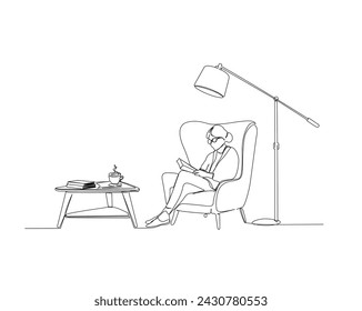 Continuous one line drawing of woman reading book on the armchair. Reading book, arm chair, floor lamp, coffee in single outline vector illustration. Editable stroke.