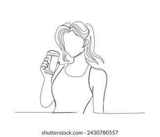 Continuous one line drawing of woman drinking water from the glass. Pretty girl drinking juice single outline vector illustration. Editable stroke.