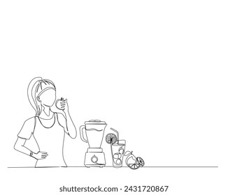 Continuous one line drawing of woman eating apple with blender behind. blender and woman eating fruit single outline vector illustration. Editable stroke.