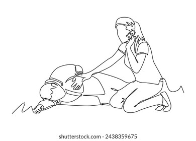 Continuous one line drawing of Woman comes to rescue A man has a heart attack. Saving lives or emergency accident. Health, care, teamwork. Single line draw design vector illustration