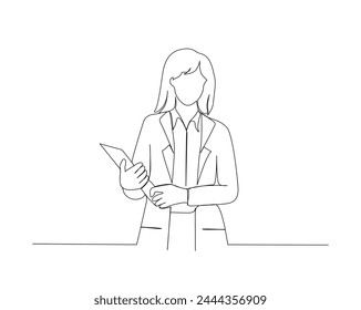 Continuous one line drawing of woman doctor holding patient document. woman doctor single outline design. Editable stroke.