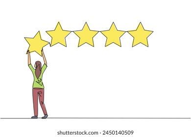 Continuous one line drawing woman stood holding up a star with both hands and pasting it up to make 5 stars in a row. Give the best review. Online shop. Single line draw design vector illustration