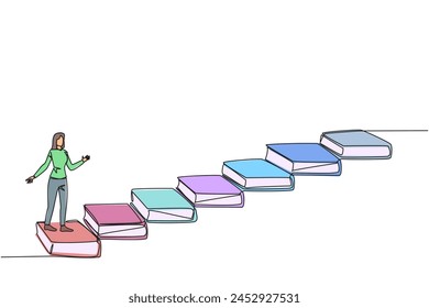 Continuous one line drawing woman climb stairs from books. Reading increases knowledge which can increase the dignity of a better life. Book festival concept. Single line design vector illustration