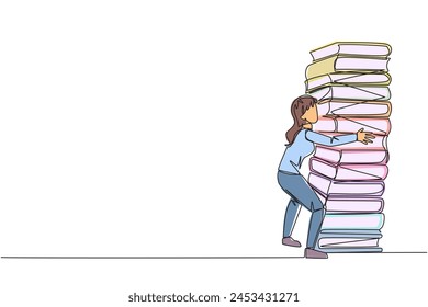 Durchgehend eine Linie zeichnende Frau umarmt sehr hohen Stapel von Büchern. Hobby zum Sammeln und Lesen von Büchern. Freizeit mit nützlichen Dingen füllen. Liebevolle Lektüre. Vektorillustration des Zeichnens einer einzelnen Linie