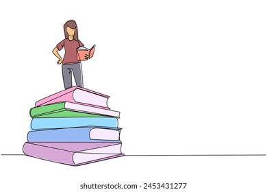 Continuous one line drawing woman standing on pile of books reading fiction story book. Intrigued by book series. Read anywhere to finish reading. Reading. Single line draw design vector illustration