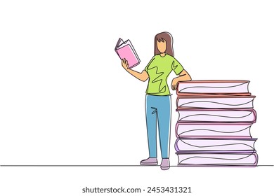 Continuous one line drawing woman standing reading a book while leaning against a pile of large books. Hobby of reading anywhere. Very happy when reading. Single line draw design vector illustration