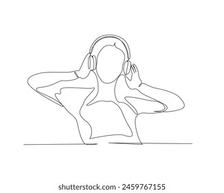 Continuous one line drawing of woman wearing headphones. Young lady listening earphone single outline vector illustration. Music concept. Editable stroke.