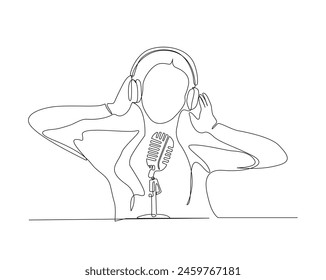 Continuous one line drawing of woman wearing headphones and vintage microphone. Young lady with earphone and vintage microphone single outline vector illustration. Music concept. Editable stroke.