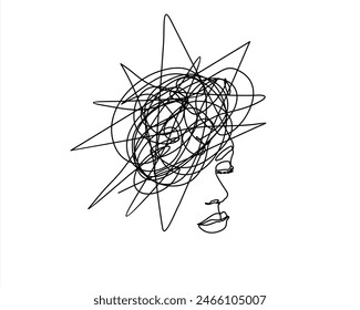 Continuous one line drawing of a woman with confused feelings worried about bad mental health. Problems, stress, sad and depression concept in doodle style. Liner Vector illustration