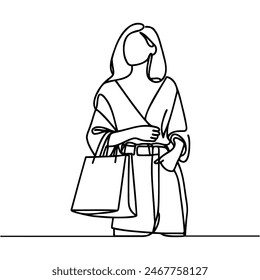 Dibujo continuo de una línea de una mujer sosteniendo bolsas de papel después de comprar