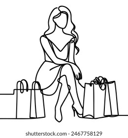 Dibujo continuo de una línea de una mujer sosteniendo bolsas de papel después de comprar
