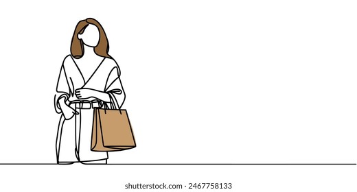Dibujo continuo de una línea de una mujer sosteniendo bolsas de papel después de comprar