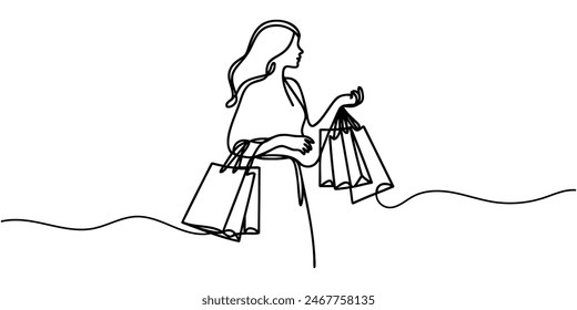 Continuous one line drawing of a woman holding paper bags after shopping