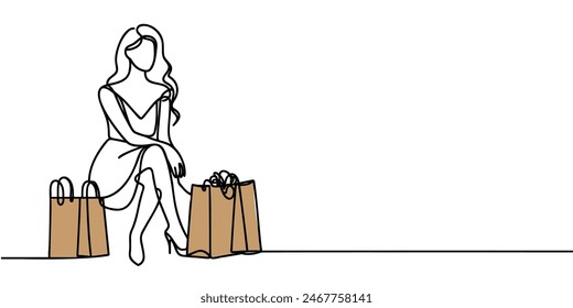 Continuous one line drawing of a woman holding paper bags after shopping
