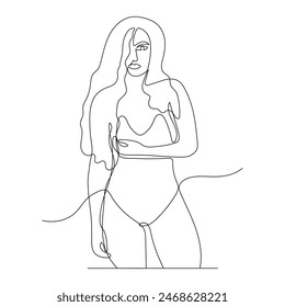 Continuous one Line drawing of Woman in Swimsuit. Vector illustration Summer holiday happiness of carefree joyful girl with long hair.