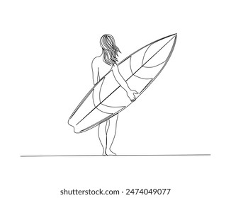 Continuous one line drawing of woman holding surfiboard. Young lady holds surfing longboard single outline vector illustration. Editable stroke.