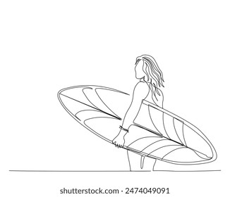 Continuous one line drawing of woman holding surfiboard. Young lady holds surfing longboard single outline vector illustration. Editable stroke.