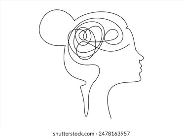 Continuous one line drawing of a woman with confused messy feelings worried about bad mental health. Problems stress illness and depression concept in simple linear style.