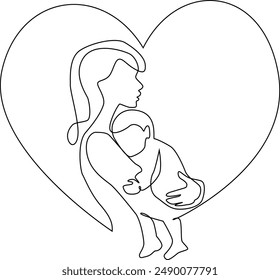 Continuous one line drawing Woman hold her baby inside heart.Happy Mothers Day concept.