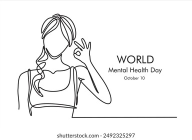 Continuous one line drawing of woman gesturing ok sign. Okay sign, gesture language concept. World Mental Health day. Ok sign hand gesture continuous line