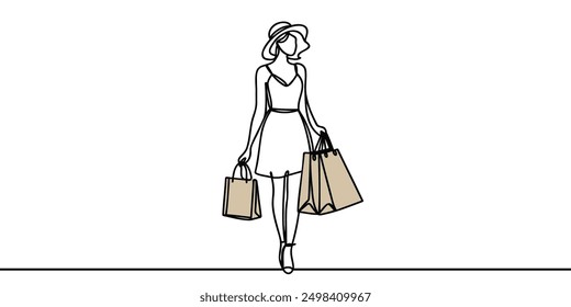 Dibujo continuo de una línea de una mujer que sostiene bolsas de papel después de comprar