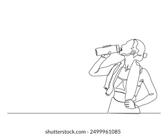 Continuous one line drawing of woman drinking water from the bottle. Drinking water simple line illustration. Healthy lifestyle concept.