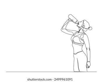 Continuous one line drawing of woman drinking water from the bottle. Drinking water simple line illustration. Healthy lifestyle concept.