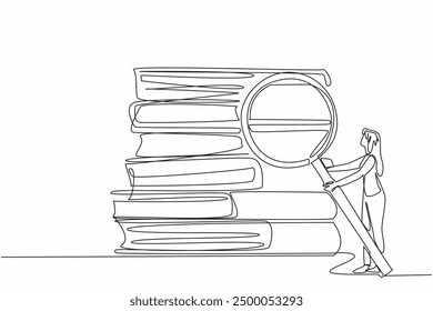 Continuous one line drawing woman holds large magnifying glass and pointing at a giant stack of books. Learn something new. Knowledge. National Grammar Day. Single line draw design vector illustration