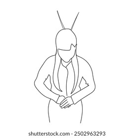 Continuous one line drawing a woman in a suit who bows her head once and greets her. Japanese Girl  Having a Business Agreement. Maintaining safe distance during viral pandemic concept.