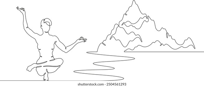 Continuous one line drawing woman doing yoga outdoors. High mountain. Girl yogi standing on one leg. Mountain landscape. Meditation.One continuous line isolated minimal illustration.