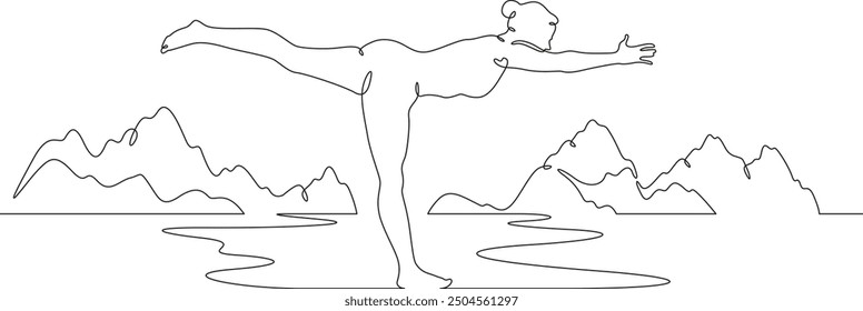 Continuous one line drawing woman doing yoga outdoors. High mountain. Girl yogi standing on one leg. Mountain landscape. Meditation.One continuous line isolated minimal illustration.