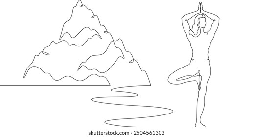 Continuous one line drawing woman doing yoga outdoors. High mountain. Girl yogi standing on one leg. Mountain landscape. Meditation.One continuous line isolated minimal illustration.