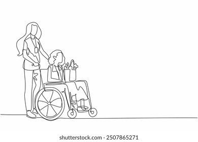 Continuous one line drawing woman pushing old grandmother sitting in wheelchair. Volunteers work sincerely. Always ready to help. World Social Work Day. Single line draw design vector illustration