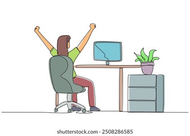 Continuous one line drawing the woman sit on chair opening and raising her hands. Squirming. Doing stiff stretches in the muscles of the hands and body. Single line draw design vector illustration