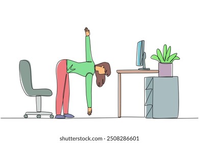 Continuous one line drawing woman stands with one hand raised and the other hand holding the tip of leg. Stretch. Train the body. Exercise. Calm the mind. Single line draw design vector illustration