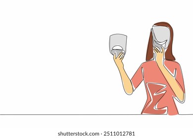 Continuous one line drawing woman holding and wearing masks with different feelings. Two personalities in one body. Mood swing concept. Camouflage. Disease. Single line draw design vector illustration