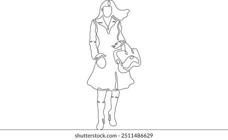 Uma linha contínua desenhando a mulher em roupas de inverno bonitas. Menina andando de casaco. Mulher com bolsa de mulher. Uma linha contínua isolada ilustração mínima.