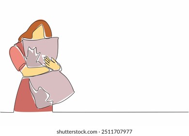 Continuous one line drawing a woman hugging pillow. Feeling comfortable. Need rest. Hurry to bedroom. Time to sleep and have sweet dreams. World Sleep Day. Single line draw design vector illustration